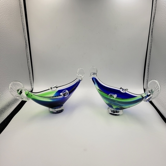 Murano Cobalt & Green Glass Gondolas - set of 2 - Picture 1 of 10